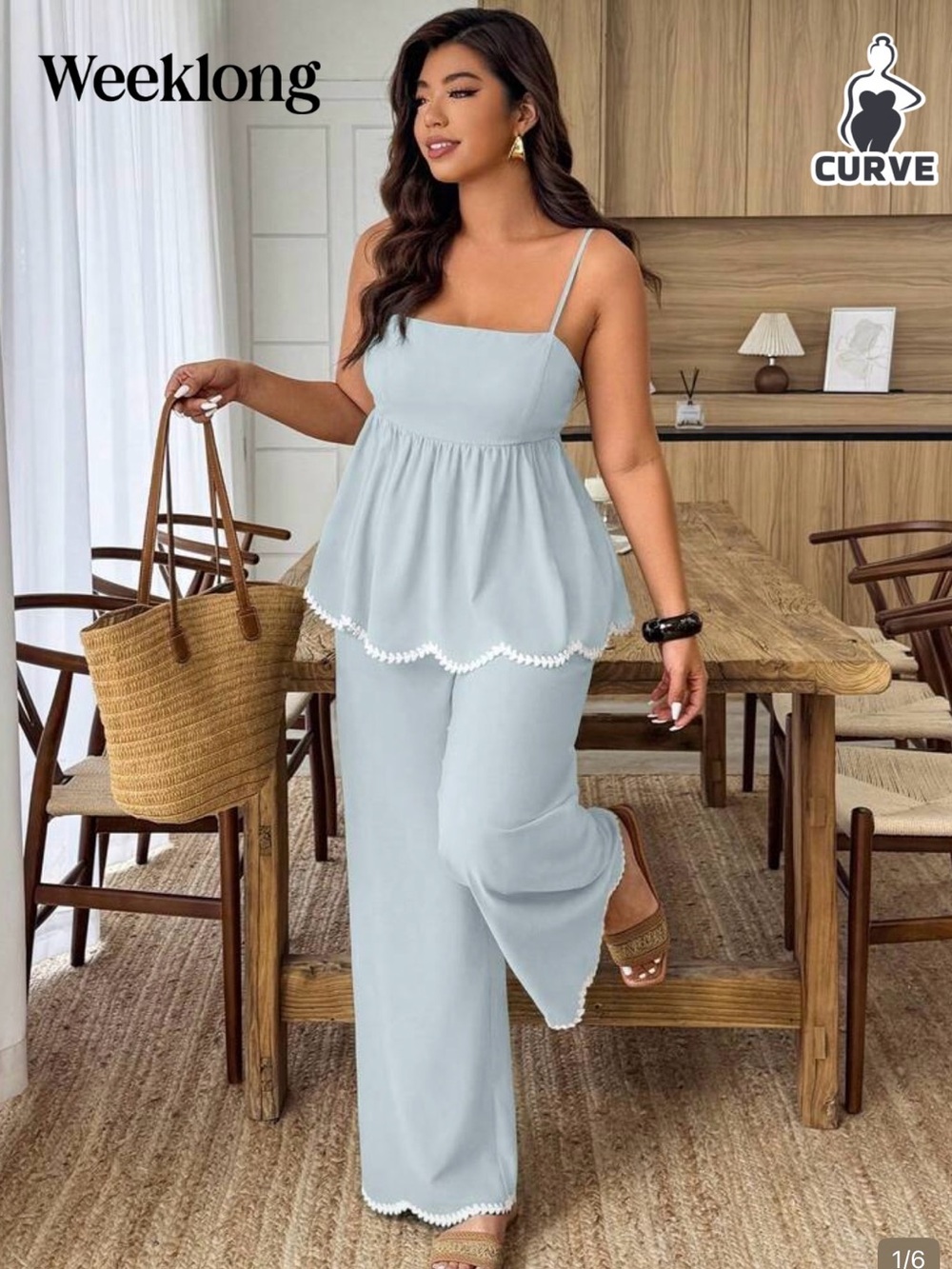 Curve Light Blue Scalloped Trim Wide-Leg Jumpsuit
